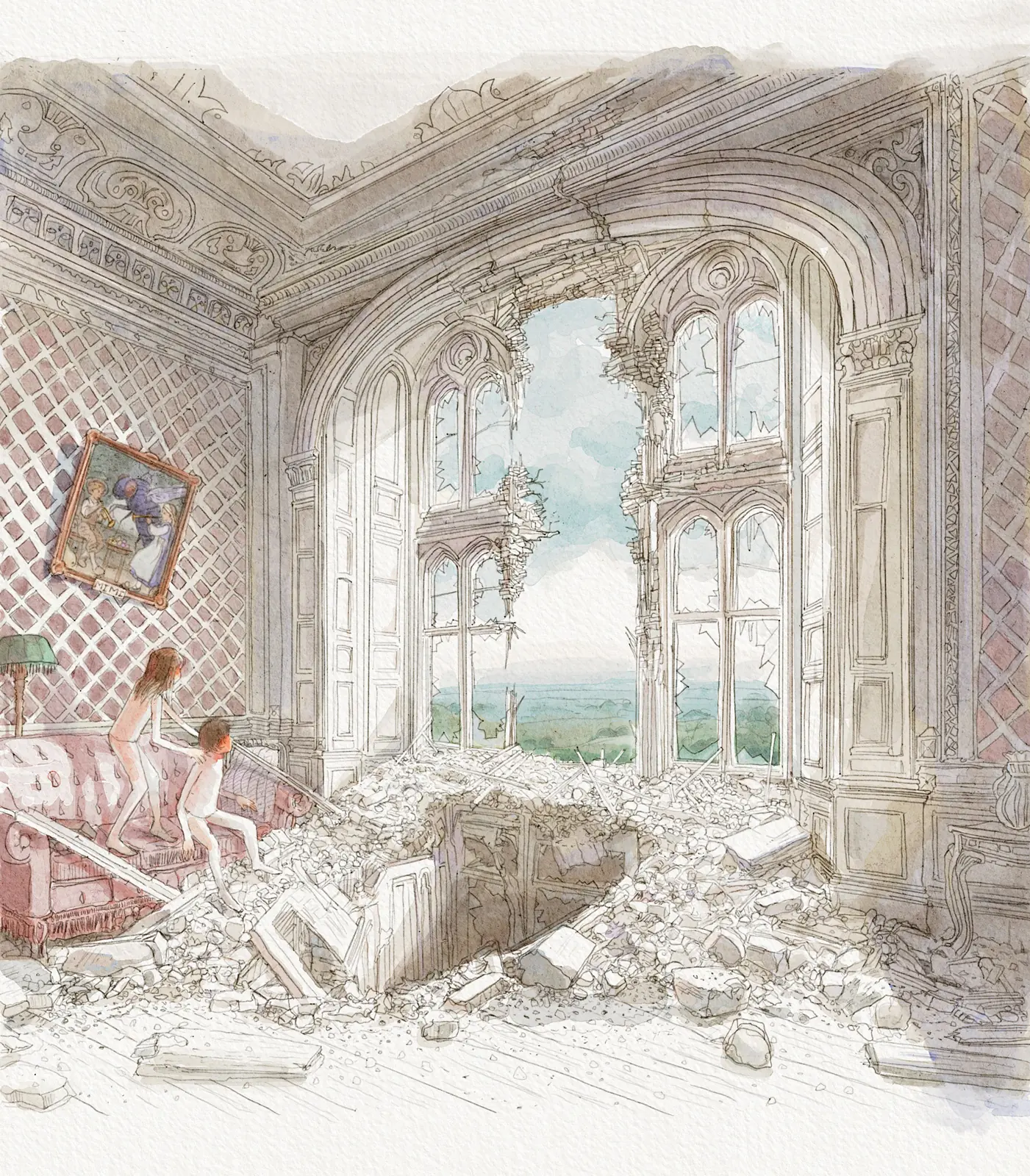 Abandoned ornate room opening onto a bright landscape, watercolour illustration by Nicolas Crombez
