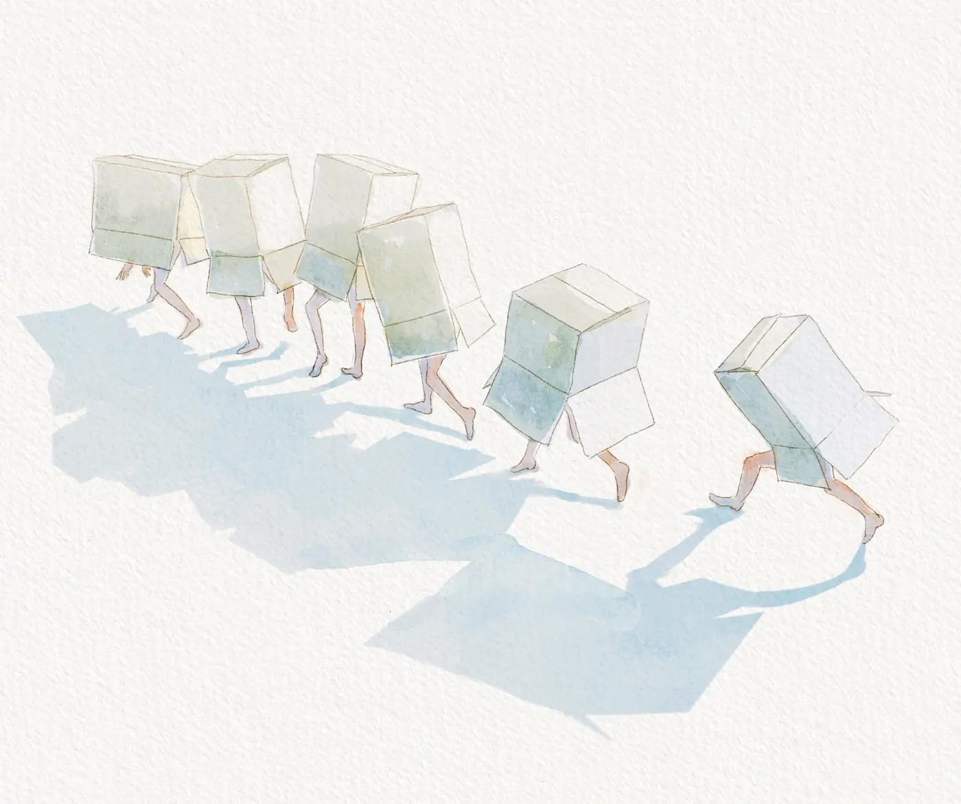 Procession of small box-headed figures casting long shadows, illustration by Nicolas Crombez