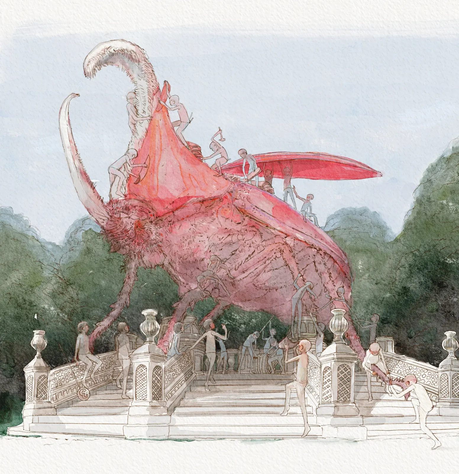 Red winged creature above tiny figures on a monumental staircase, children’s illustration by Nicolas Crombez