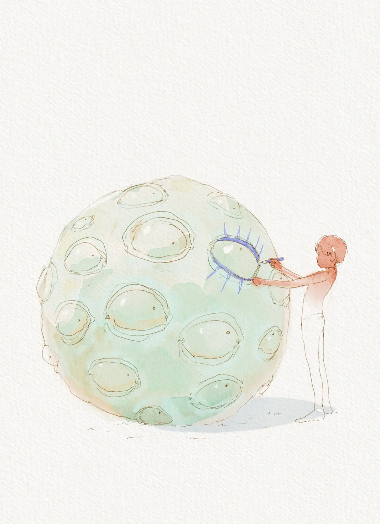 Small figure examining a giant pale green cratered sphere, watercolour illustration by Nicolas Crombez