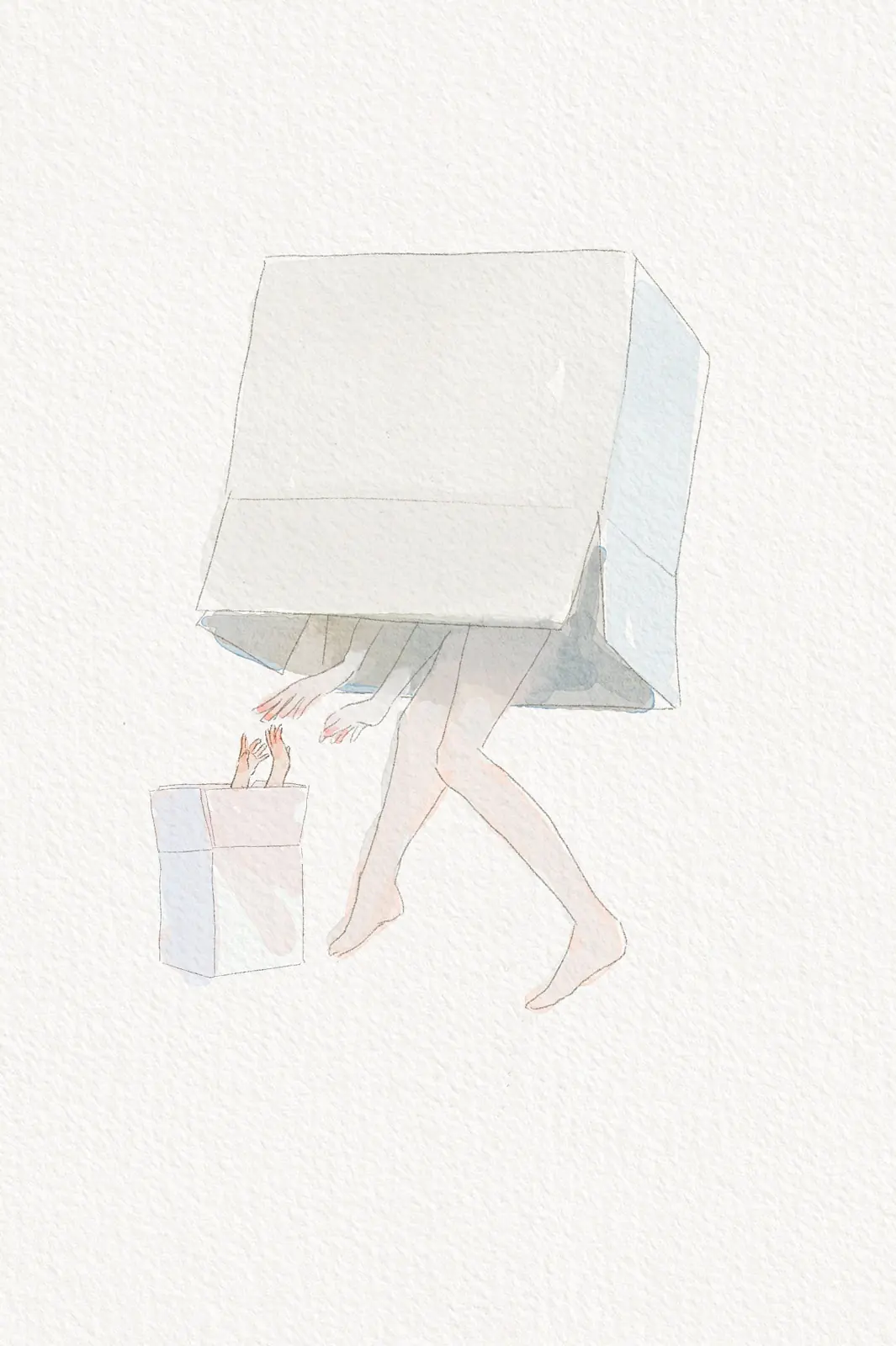 Person walking beneath a white cube while carrying a blue case, illustration by Nicolas Crombez