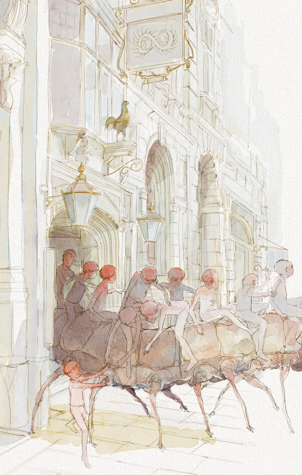 Riders travelling along an ornate city street, picture-book illustration by Nicolas Crombez