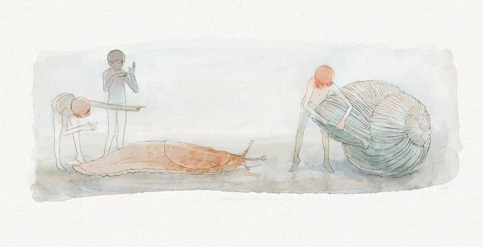 Tiny figures surrounding an enormous snail, children’s illustration by Nicolas Crombez