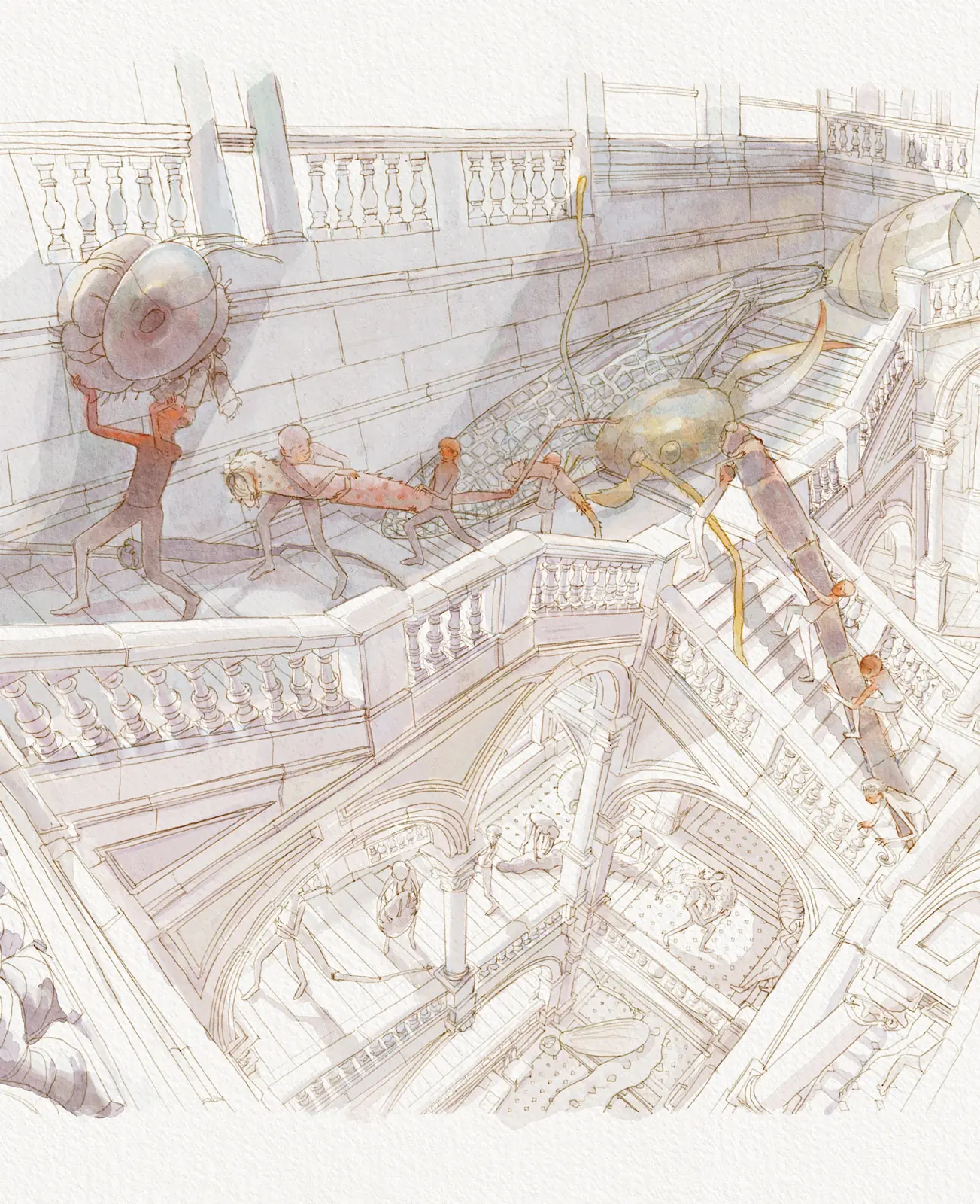 Small figures descending a monumental stone staircase, illustration by Nicolas Crombez
