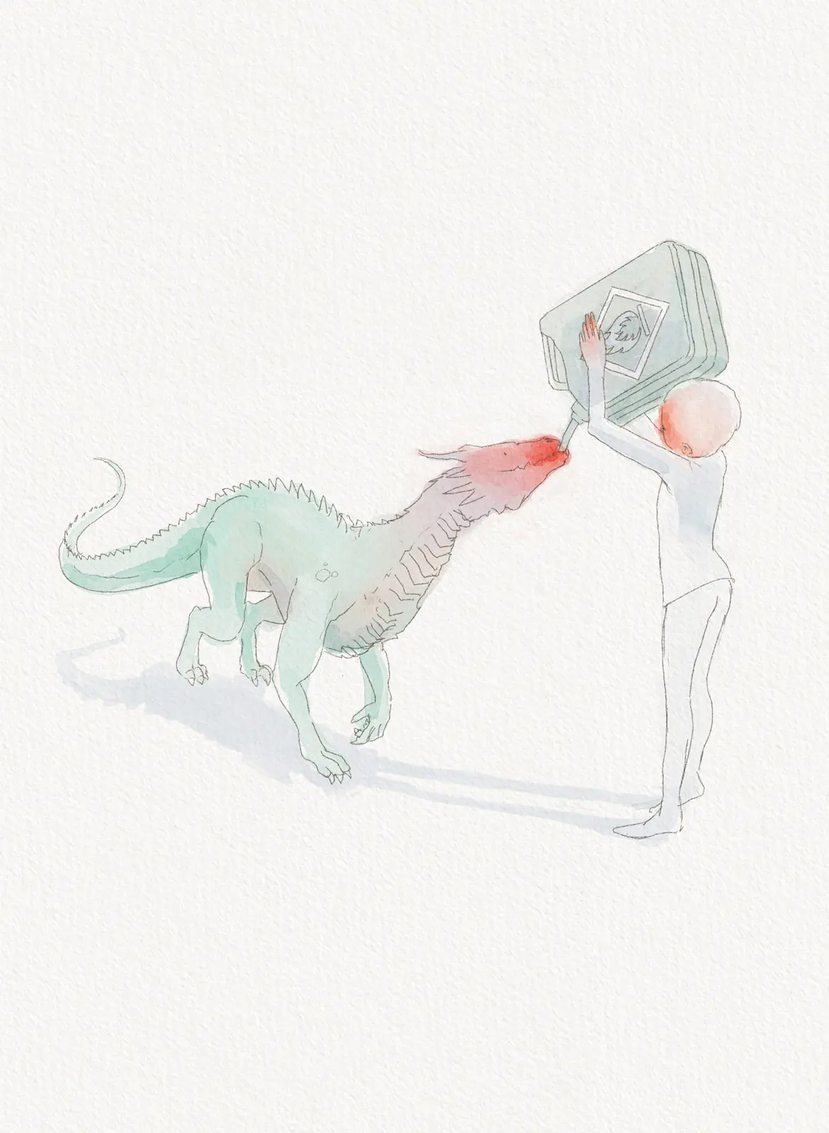Child holding a square frame before a green dog-like creature, illustration by Nicolas Crombez
