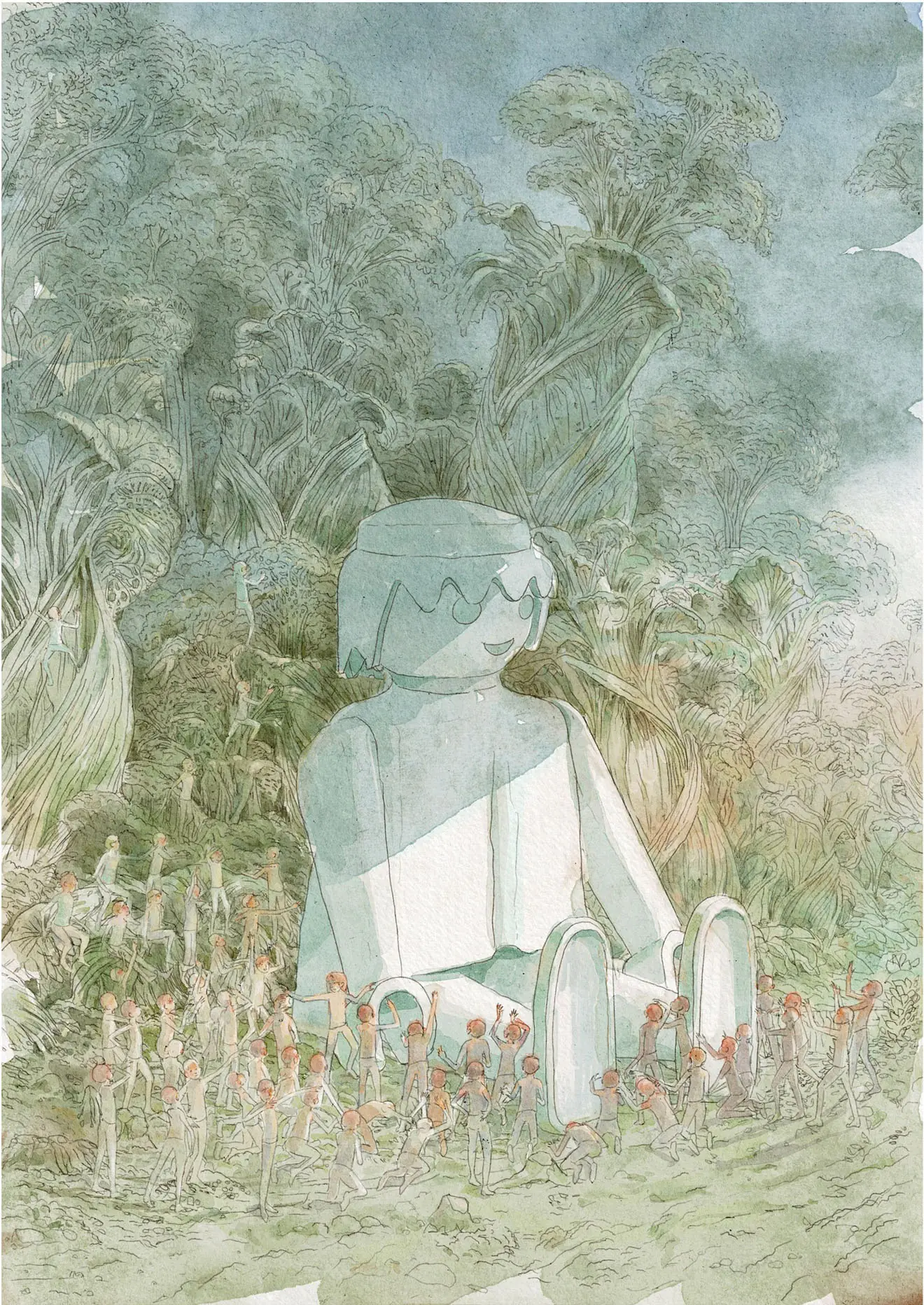 Solitary child with a backpack in a dense green forest, watercolour illustration by Nicolas Crombez