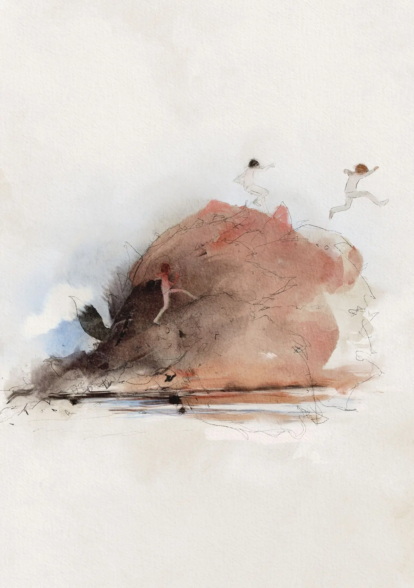 Small figures gathered on a sleeping reddish creature, illustration by Nicolas Crombez