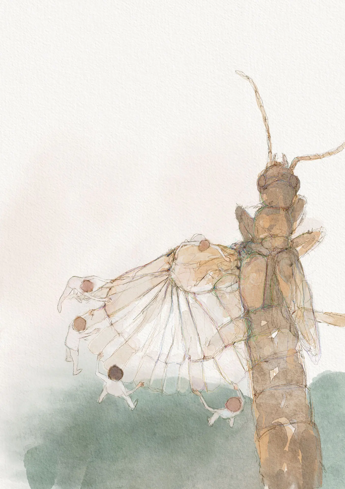 Winged insects clustered around a tree trunk, watercolour illustration by Nicolas Crombez