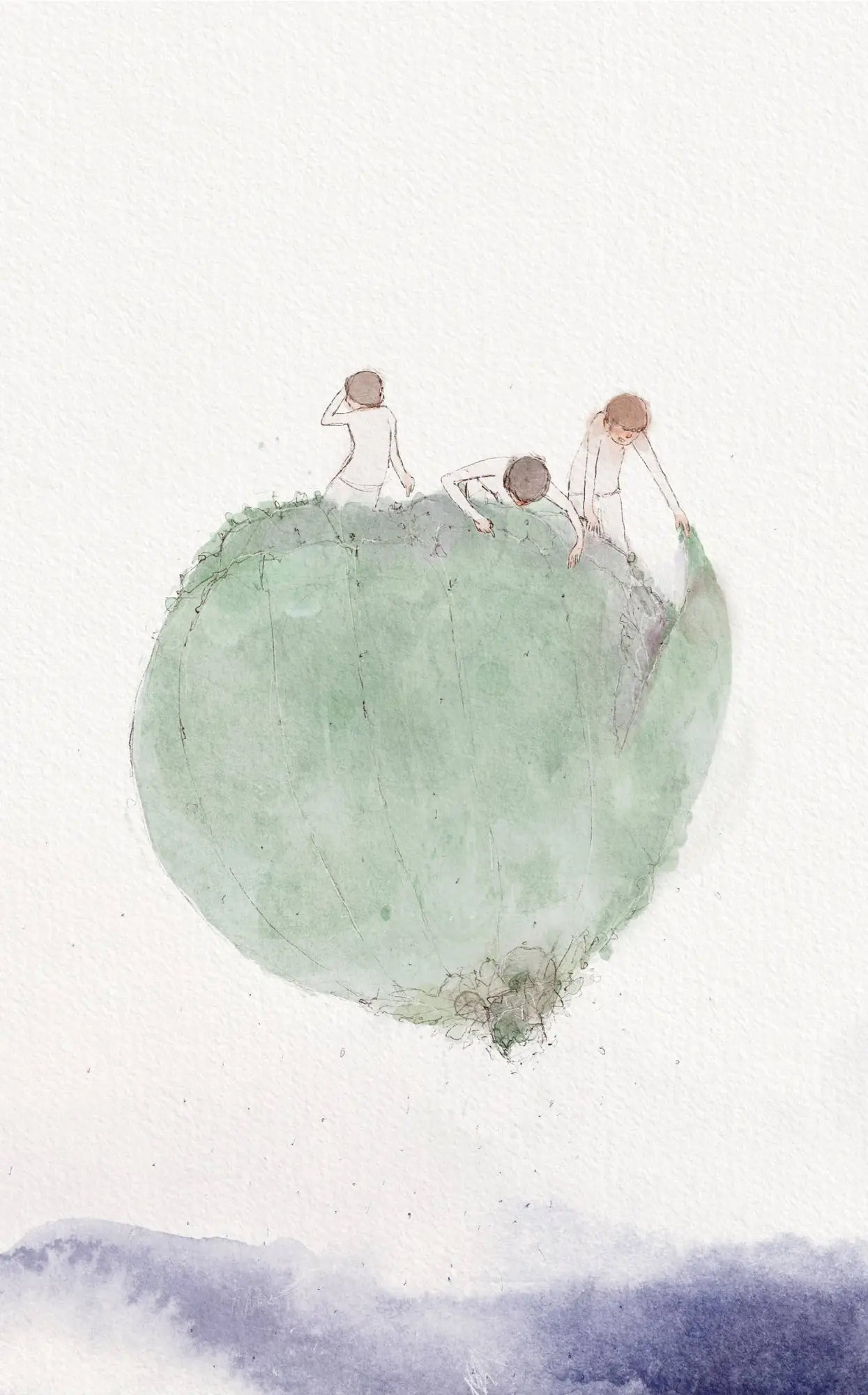 Three children standing on top of a floating green sphere, illustration by Nicolas Crombez