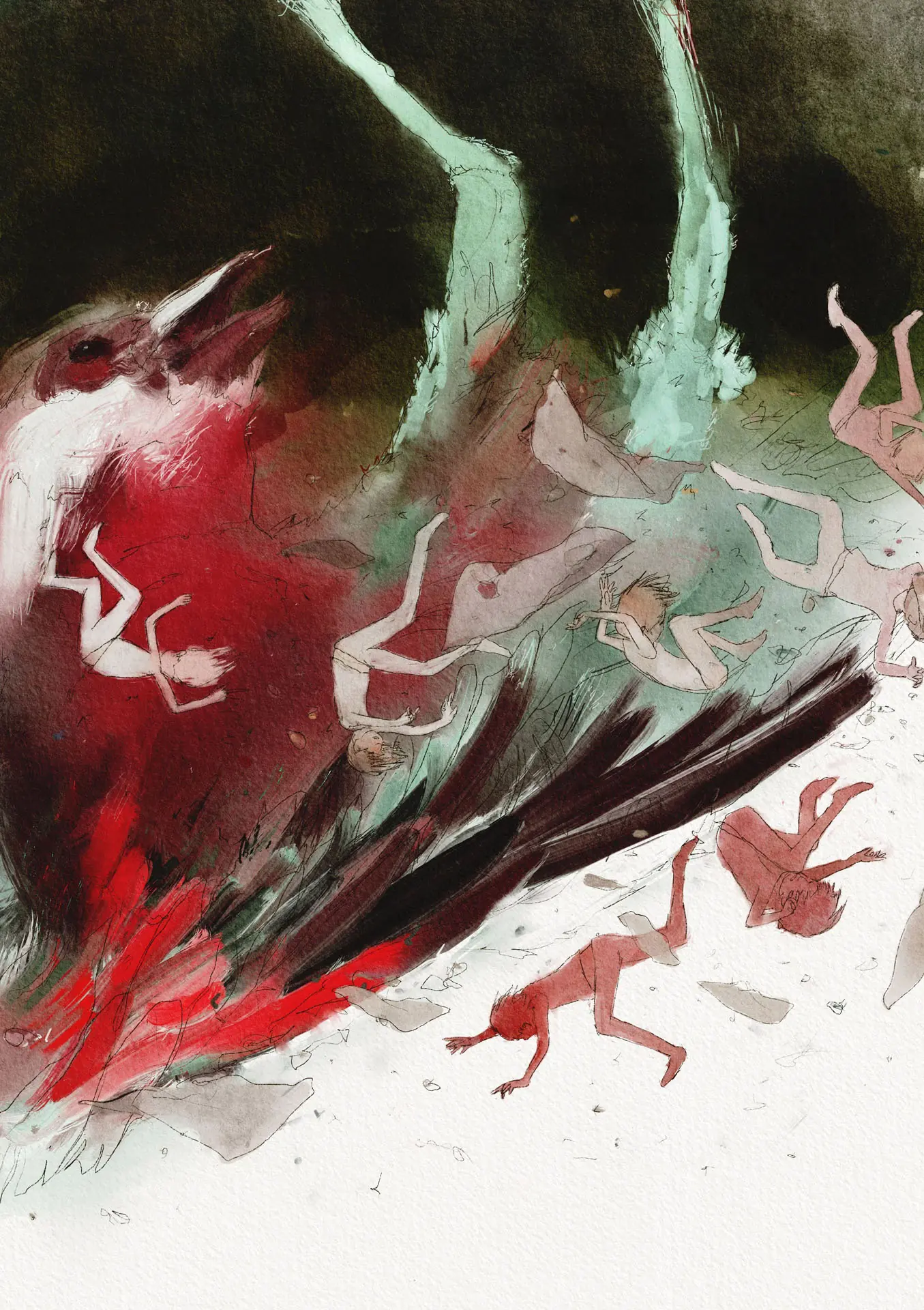 Red and green dreamlike creatures in a dark scene, expressive watercolour by Nicolas Crombez