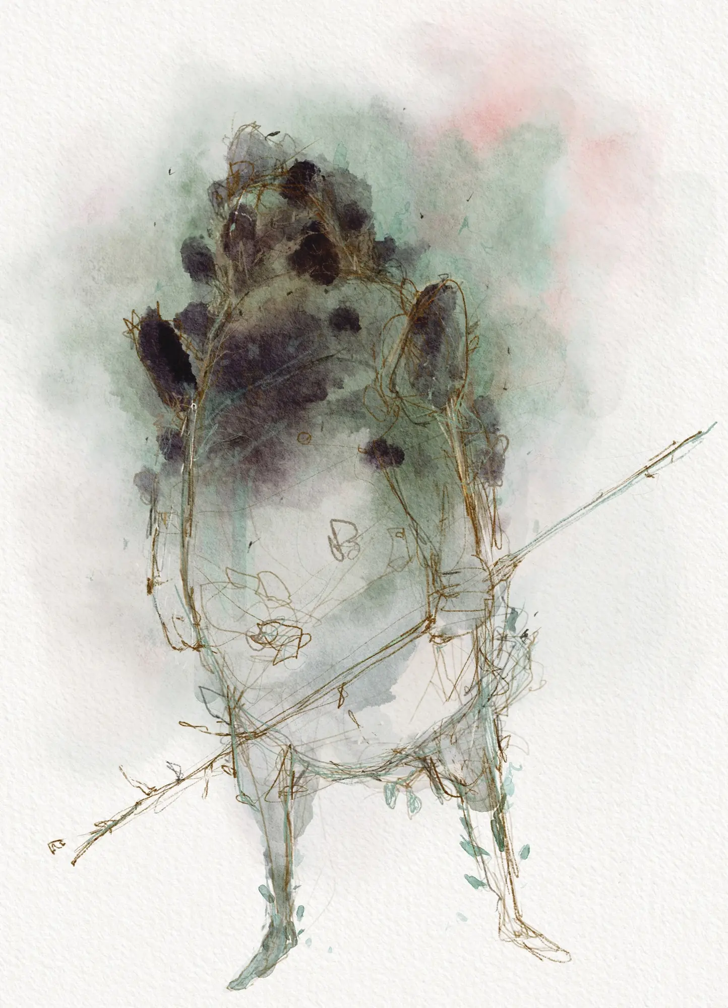 Mottled imaginary creature with long thin legs, watercolour by Nicolas Crombez
