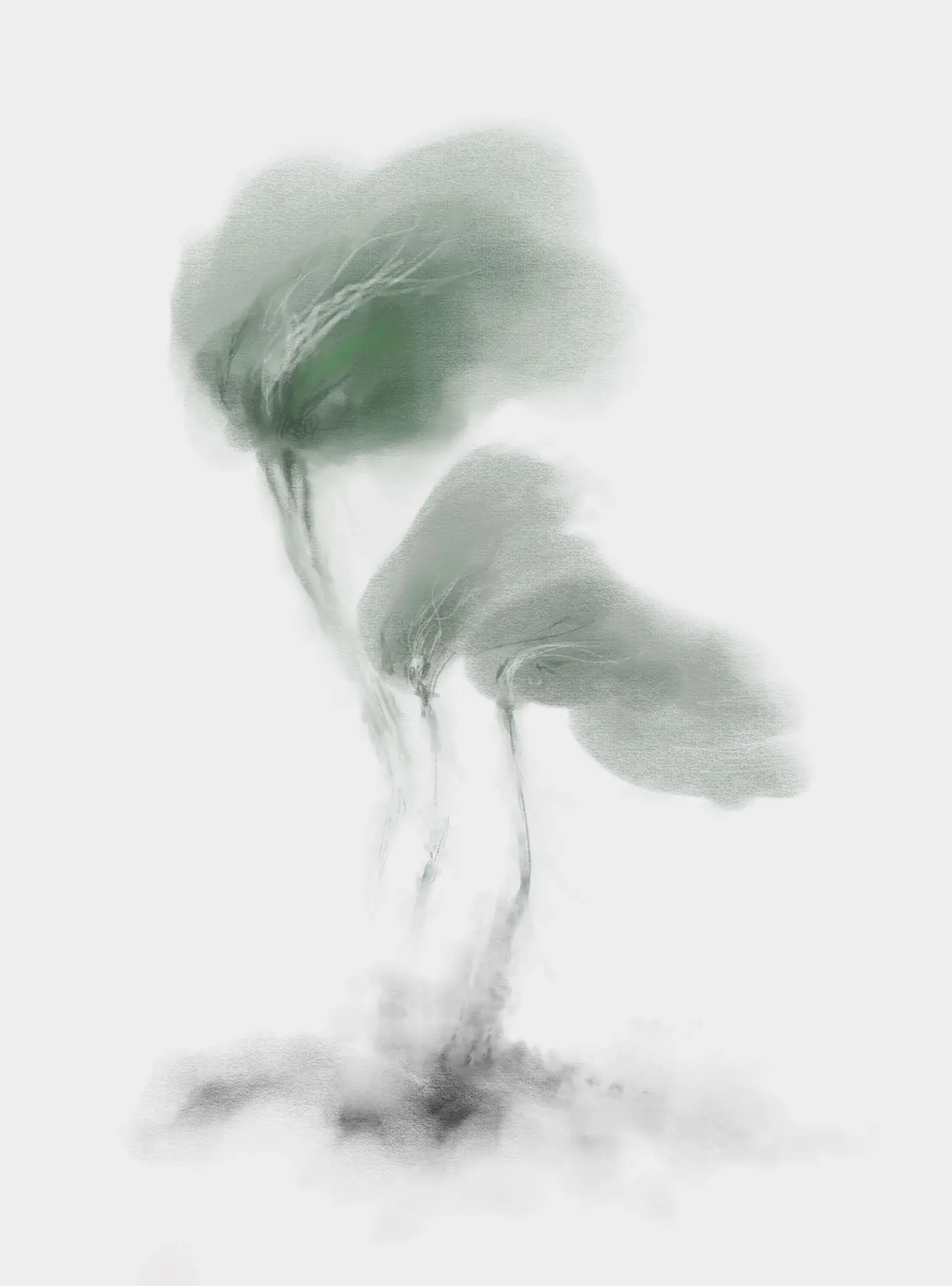 Misty green trees painted in soft watercolour by Nicolas Crombez