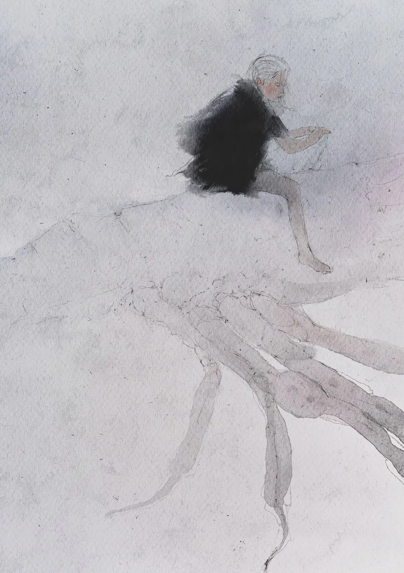 Small child perched among tall roots and branches in the mist, illustration by Nicolas Crombez