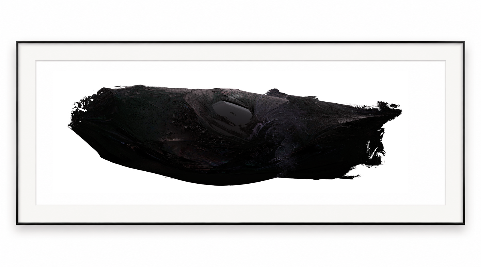 Panoramic black sculptural abstract form on white, in a thin black frame