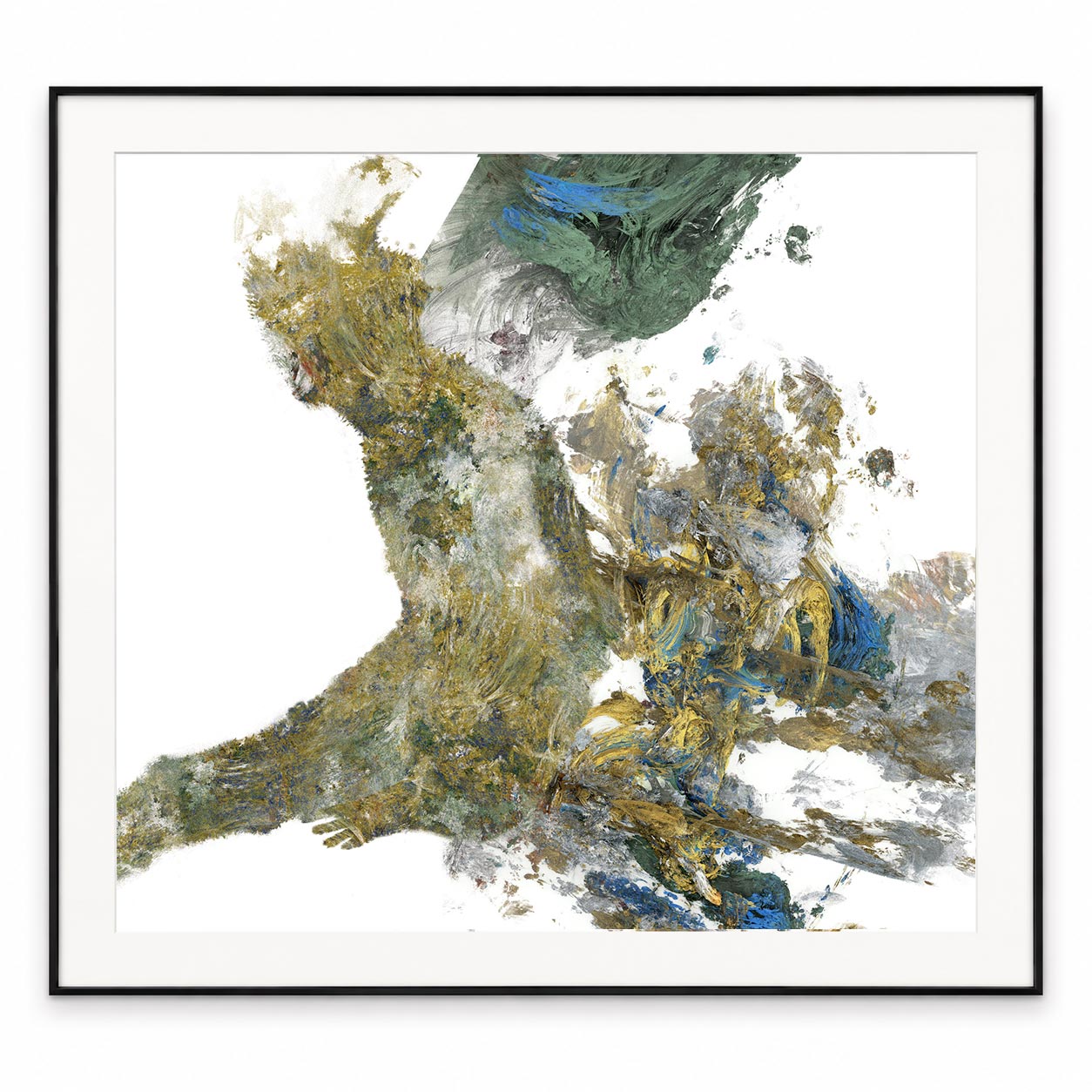 Square abstract painting in ochre, sage, blue and white, in a black frame