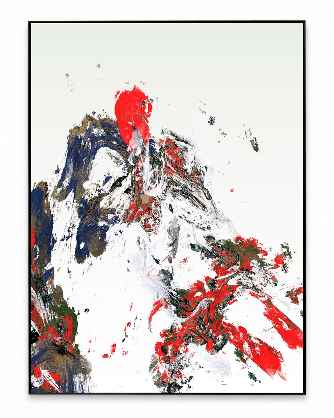 Vertical abstract painting with red, blue and graphite marks on white, in a black frame