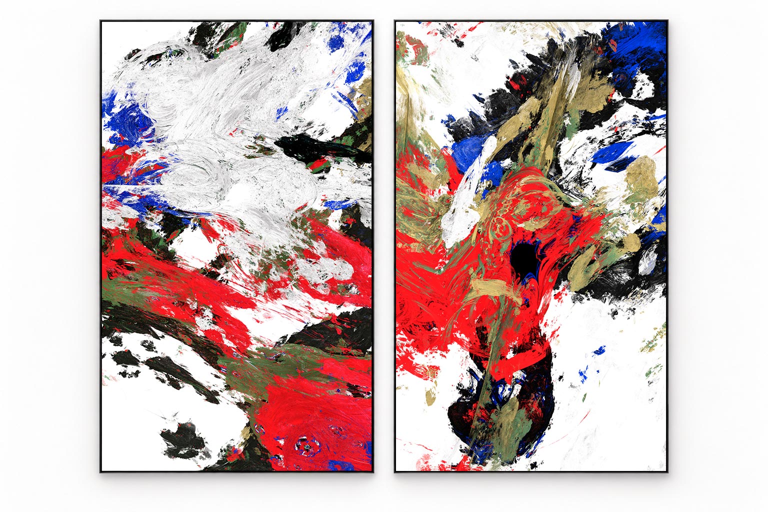 Two vertical abstract paintings with red, blue, gold and white marks, in thin black frames