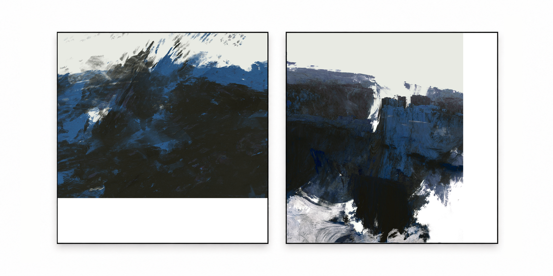 Two square abstract paintings with deep blue and black marks on white, in thin black frames